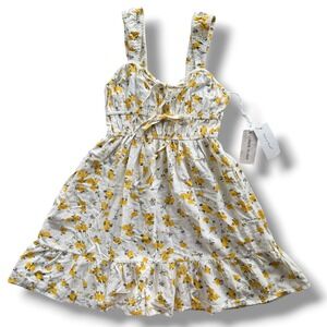 Sim & Sam Women XS Cream Yellow Floral Linen Blend Ruffle Tie Mini Dress Cottage